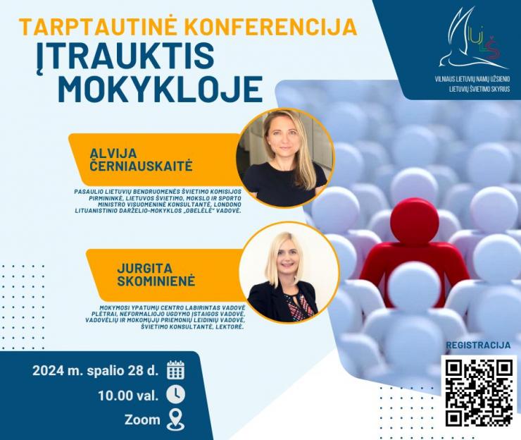 2024-10-28 d. 10.00 val. Užsienio lietuvių švietimo skyrius kviečia į nuotolinę tarptautinę konferenciją „Įtrauktis mokykloje“